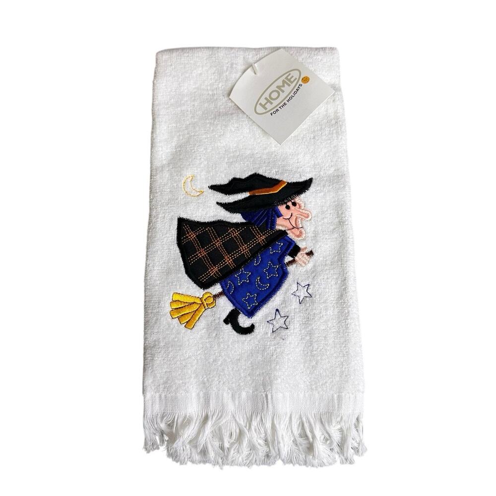 Vintage Decorative Halloween Hand Towel Witch Embroidered Fringe White New